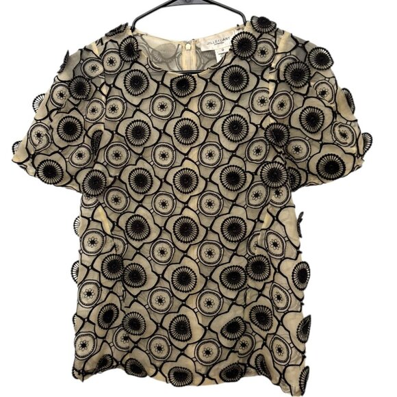 JILL STUART COLLECTION Silk Blouse Sheer Unusual 3D Floral Appliques Black Cream - Picture 1 of 8